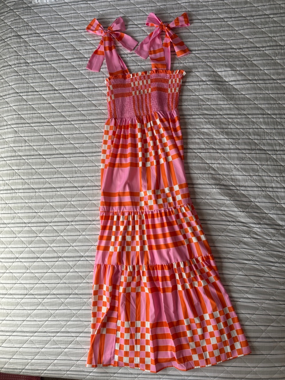 Pink & Orange Check Tie-Shoulder Maxi Dress